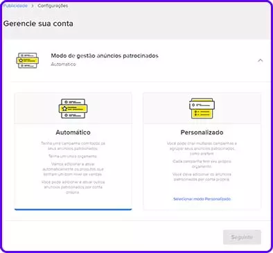 modo personalizado e modo automático no product ads na hora de ativar o mercado livre ads